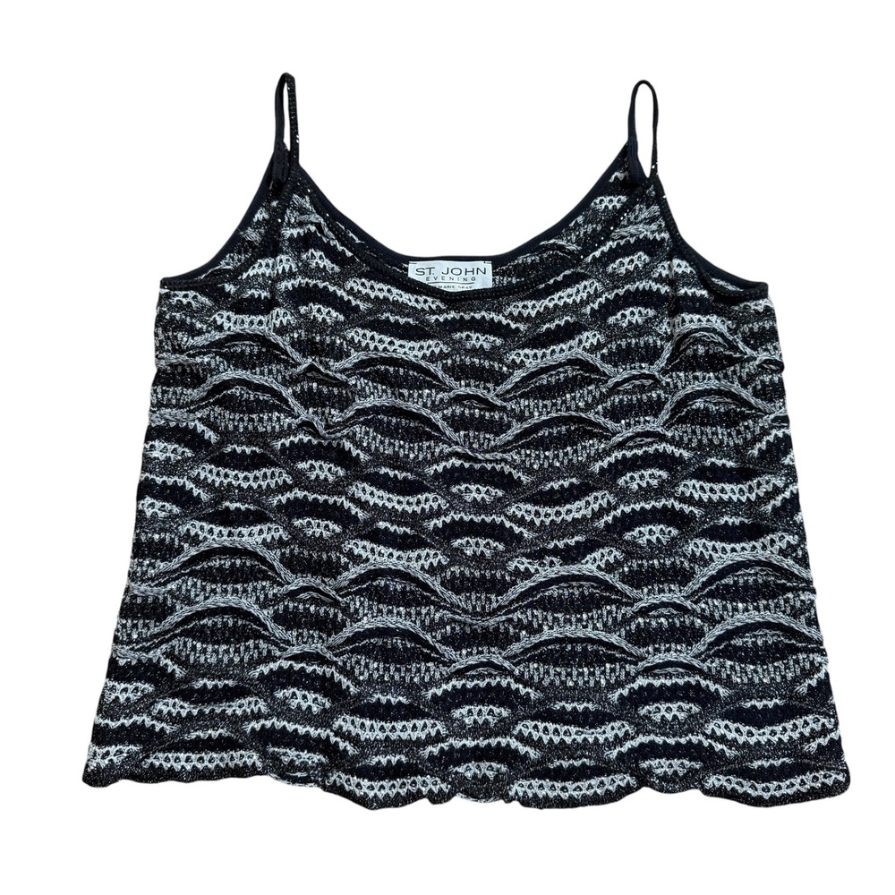 St. John Evening Sequin Knit Tank Top Metallic Wave Glitter Large Black Silver